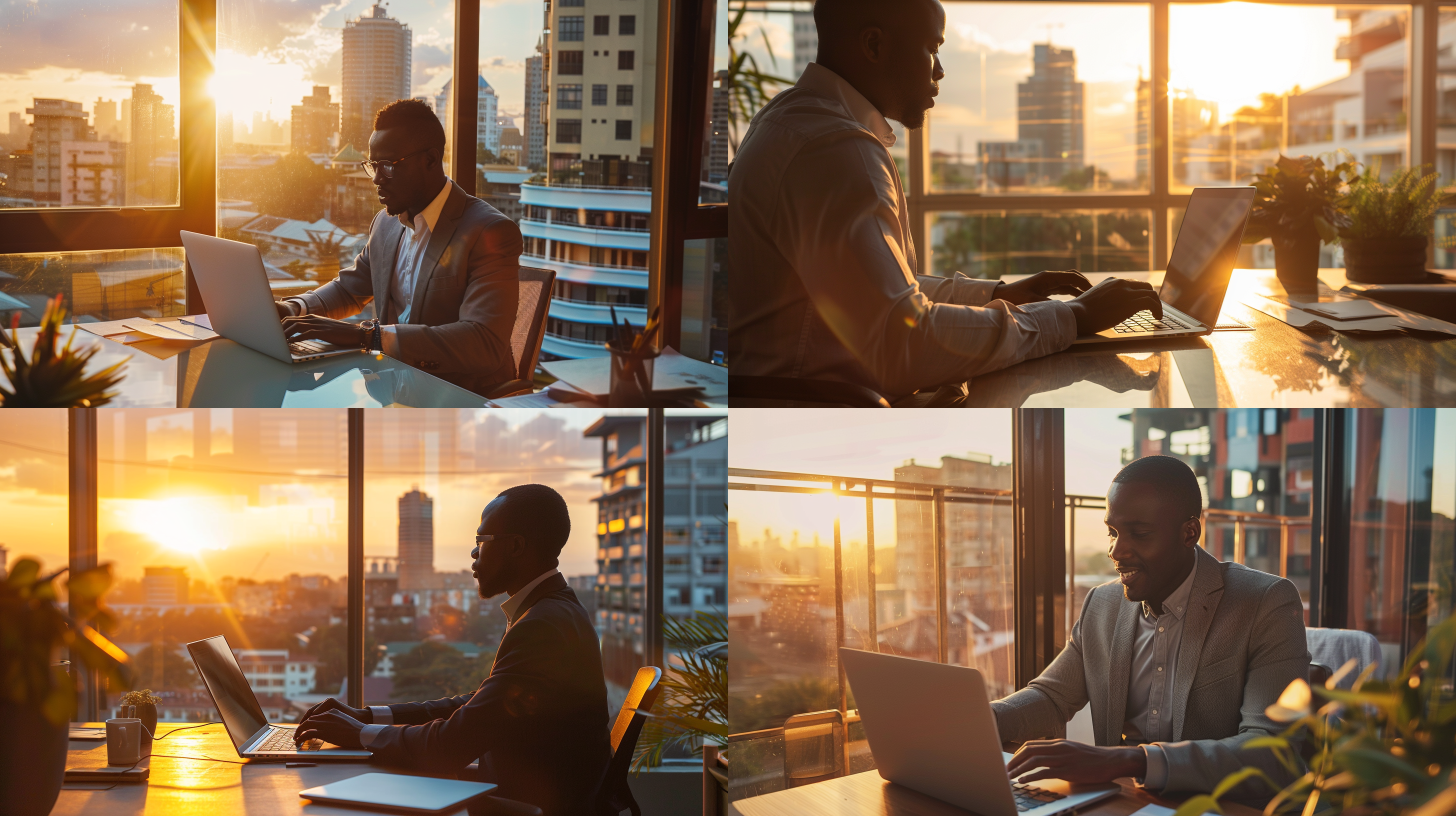 real estate agent in Nairobi typing a property description on a laptop, with a modern apartment skyline in the background — representing the importance of well-written property listings in Kenya and East Africa.