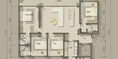 Floor plan of 3-bedroom, 3-bathroom apartment Type A2 in Nairobi, Kenya